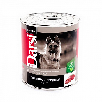 Darsi Консервы для собак Говядина с сердцем, паштет, 850 гр