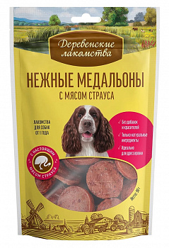 Деревенские лакомства Лакомства для собак Нежные медальоны с мясом Страуса 90 гр