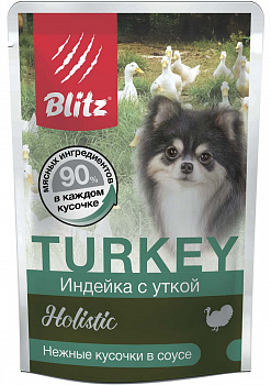 Blitz Паучи для собак Holistic «Индейка с уткой» кусочки в соусе 85 гр 