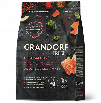 GRANDORF Fresh Сухой беззер. корм для собак сред/круп. пород Лосось (Salmon&Sweet Potato MED&MAXI)