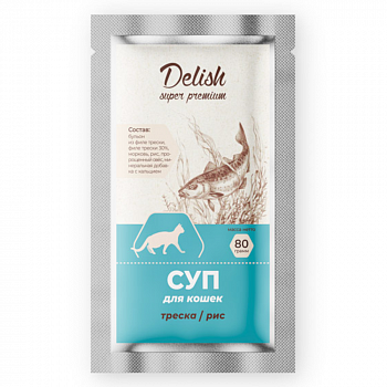 Delish super premium Паучи для кошек СУП треска/рис 80 гр