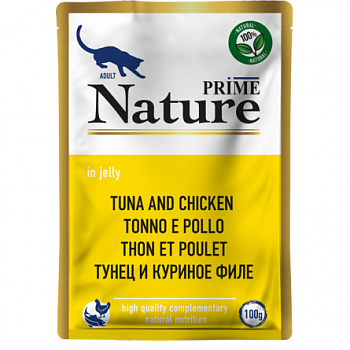 PRIME NATURE Паучи для кошек Тунец и куриное филе в желе 100г