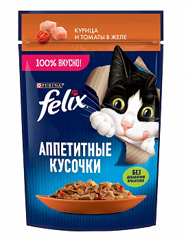 Felix Паучи для кошек Аппетитные кусочки с курицей и томатом в желе 75 гр