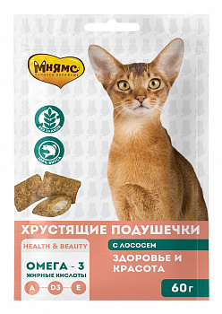 Мнямс хрустящие подушечки для кошек с лососем "Здоровье и красота" 60г