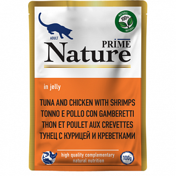 PRIME NATURE Паучи для кошек Тунец с курицей и креветками в желе 100г