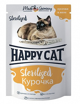 Happy cat Паучи для кошек стерилизованных Кусочки с курицей в желе 85 гр 