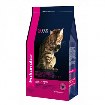 Eukanuba Для кастрированных и склонных к ожирению кошек с курицей 400 гр