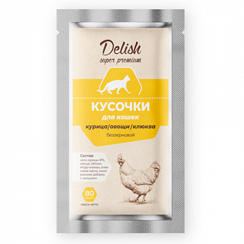 Delish super premium Паучи для кошек кусочки курица с овощами и клюквой 80 гр